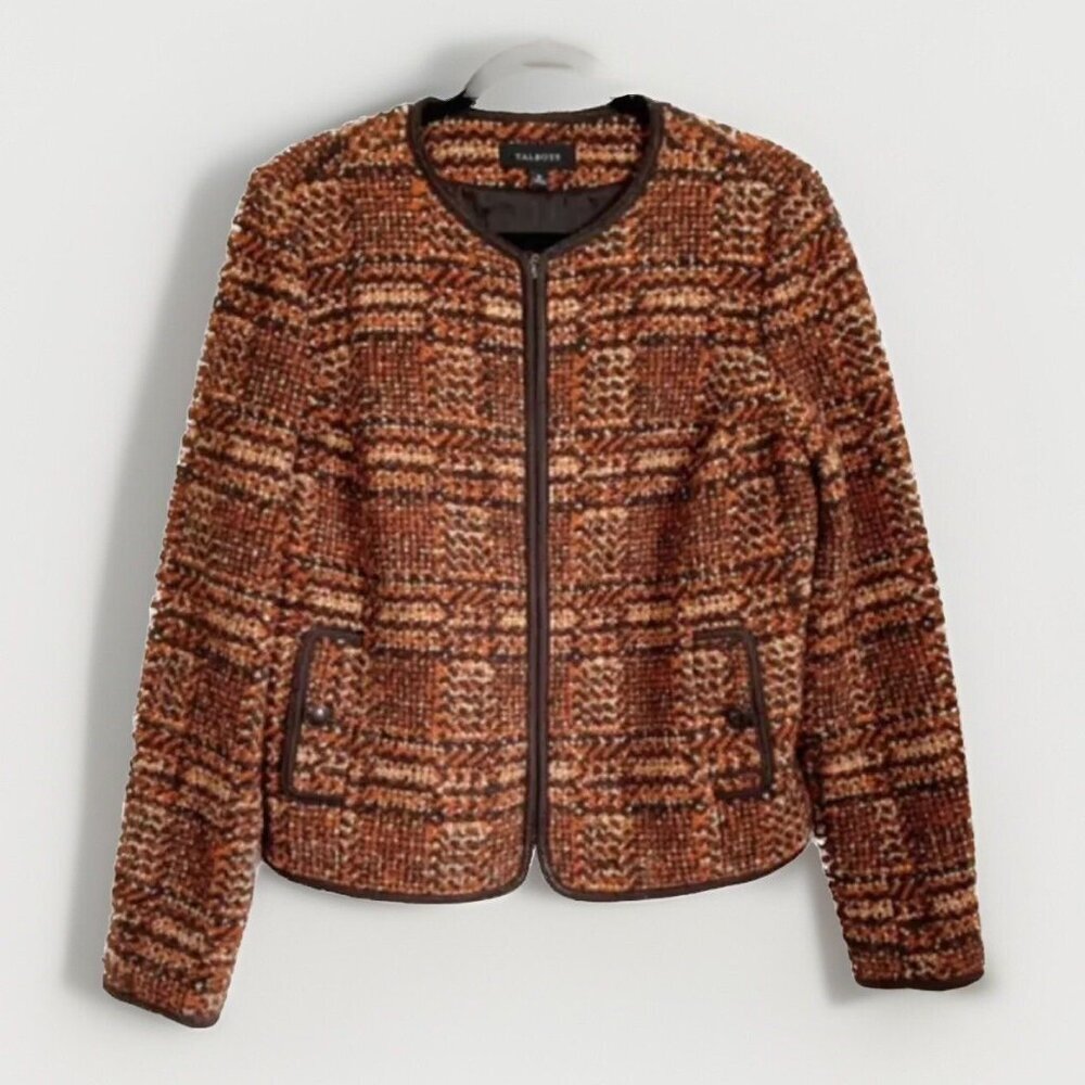 Talbots Tweed Brown Red Wool Blend Blazer Womens 10 Quiet Luxury Career Office